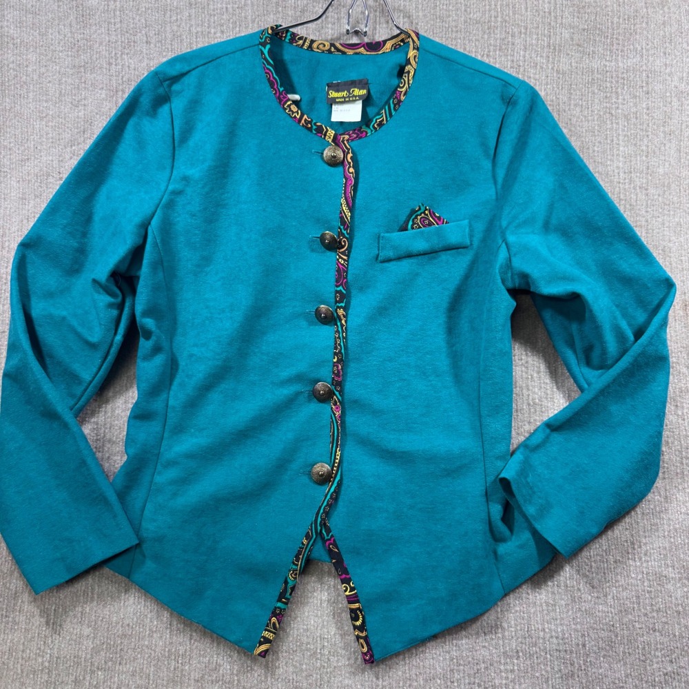 Vintage Stuart Alan Paisley Trim Collarless Button Front Statement Jacket Sz 8
